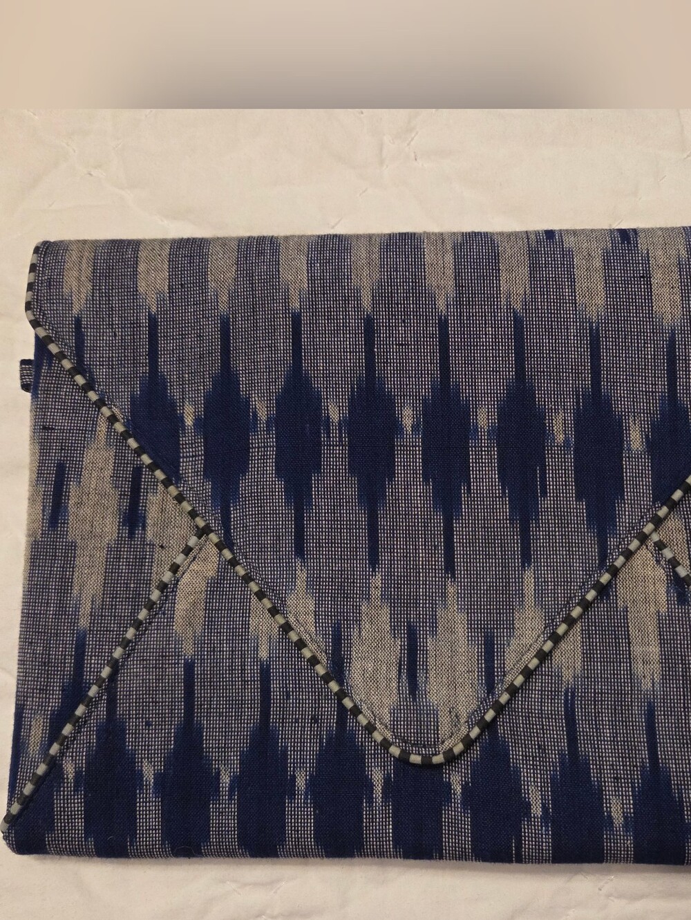 ​Handwoven Ikat Fabric Envelope Clutch Bag - Blue & Grey Chevron Geometric